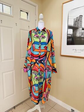 Live 4 Truth Bright Multicolor Abstract Face Print Button Down Dress Size Large